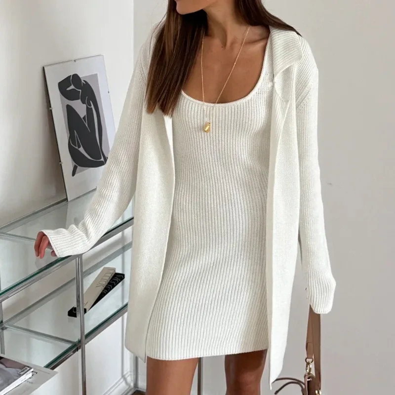 

Tsiisd Elegance Knit Mini Dress Sets Long Sleeve Cardigan Spaghetti Strap Bodycon Dress Party 2 Piece Outfits Female Knit Sets