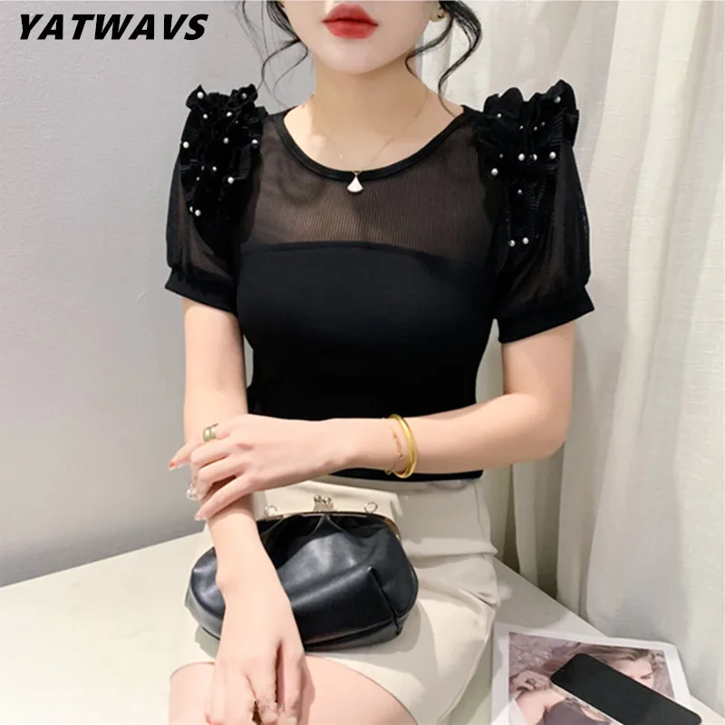 

New Fashion Summer Women Sexy O-Necks Chic Ruffles Beading T-Shirt Clothes Girl Short Sleeve Elastic Cotton Tops Tees Blusas