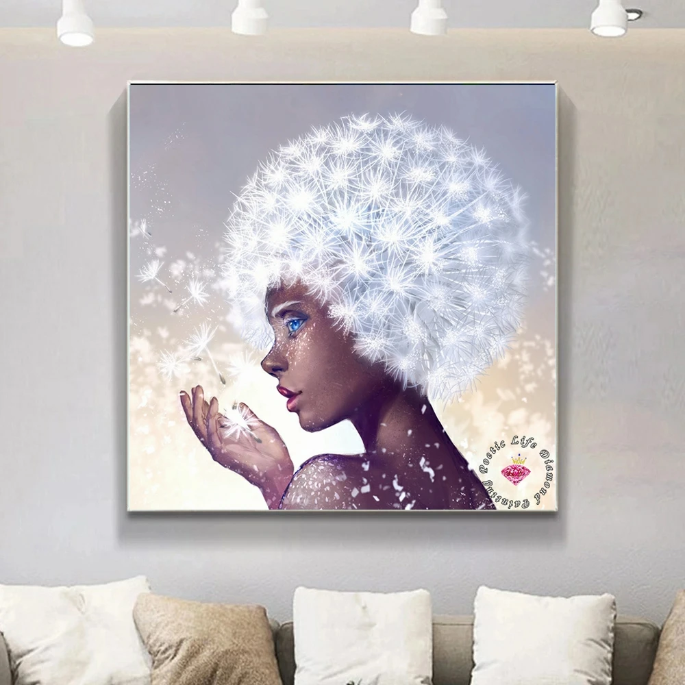 Fantasy Witch Dandelion Hair DIY Diamond Painting Aesthetic Girl Flower Buns Clover Day Cross Stitch Rhinestones Home Decor Gift