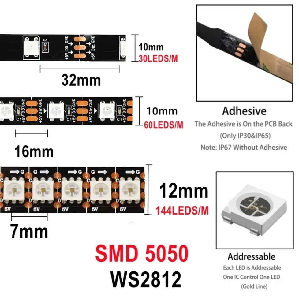 DC5V WS2812B 5050 RGBIC Smart LED Strip Individually Addressable IC 30/60/144LEDs/M Black/White PCB IP30 IP67 Waterproof Lamp