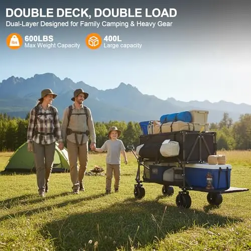 Double Decker Wagon Heavy Duty Collapsible, 600LBS 400L Capacity | Foldable Utility Cart, Big Wheels for Beach - view 6