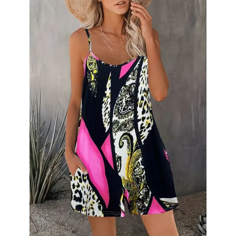 

New European and American Women's Fashion Patchwork Leopard Print Short Jumpsuit