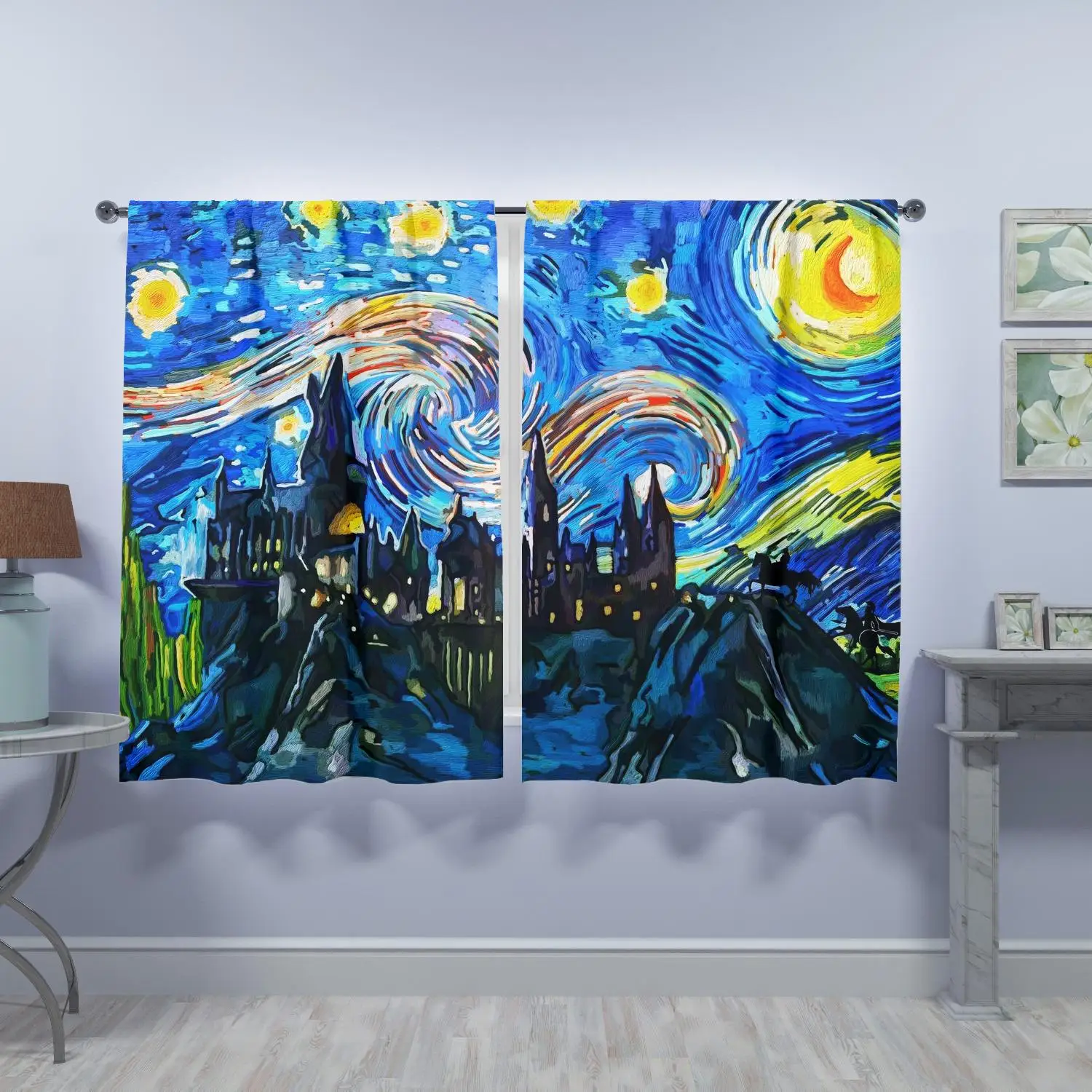 Vibrant Starry Night Sky Curtain Blue Abstract Art Window Drapes for Bedroom Living Room Home Decor