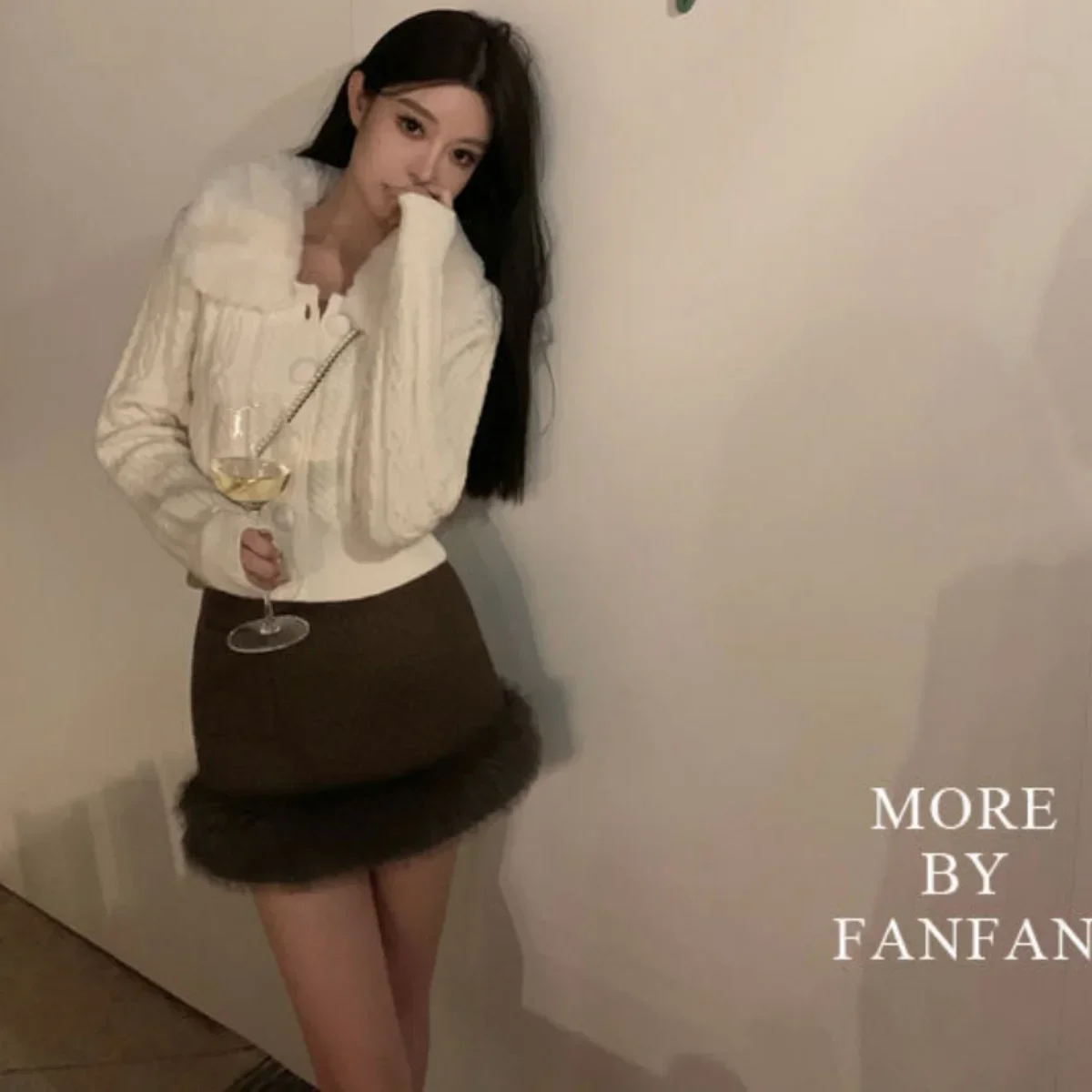 Knitted Sweater Women Korean Style Fur Collar Cardigan Female Long Sleeve Y2K Short Coat with Faux Fur Elegant Fashion Tops