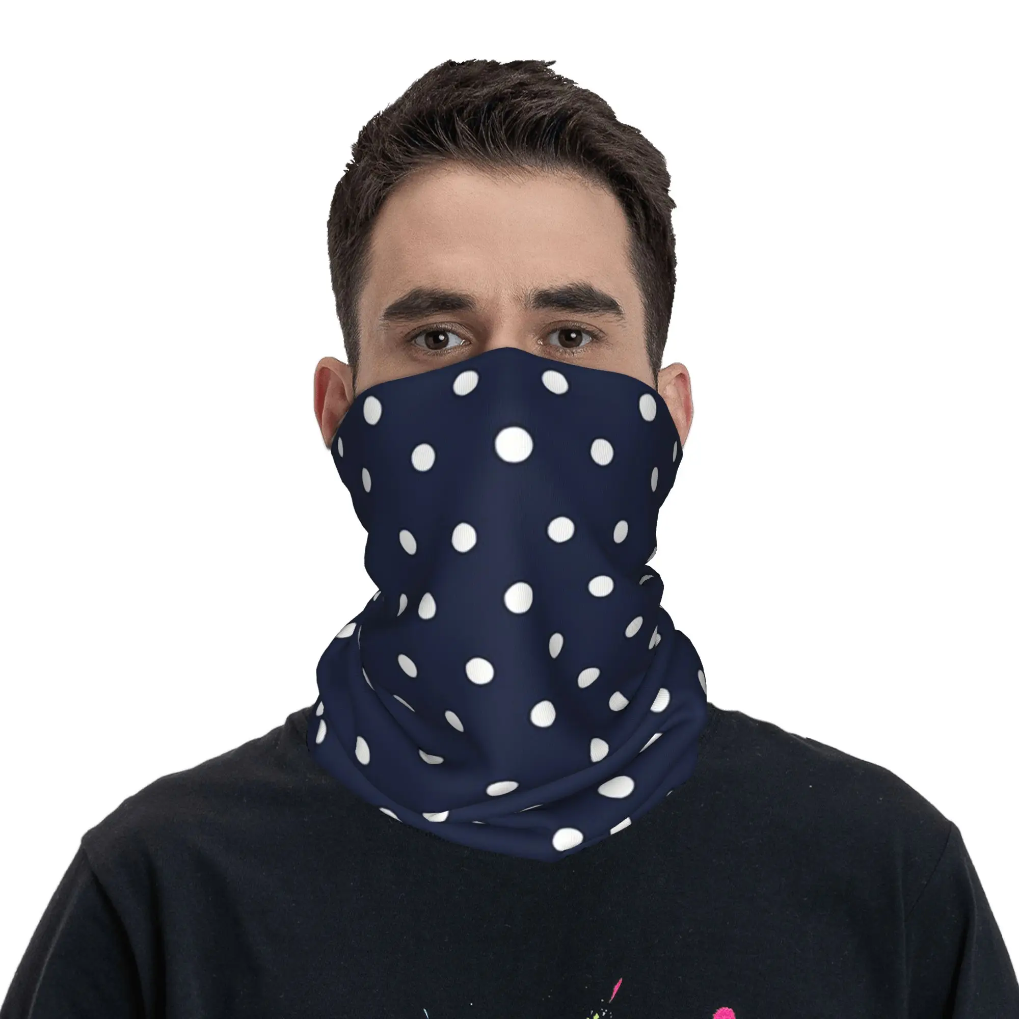 

Navy And White Polka Dots Bandana Neck Cover Printed Wrap Scarf Face Mask Running for Men Women Adult Winter