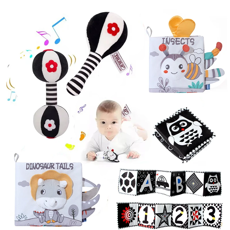 Newborn Montessori Educational Cognitive Baby Activity Cloth Book Rattle Black and White High Contrast Baby Sensory Toys For Kid