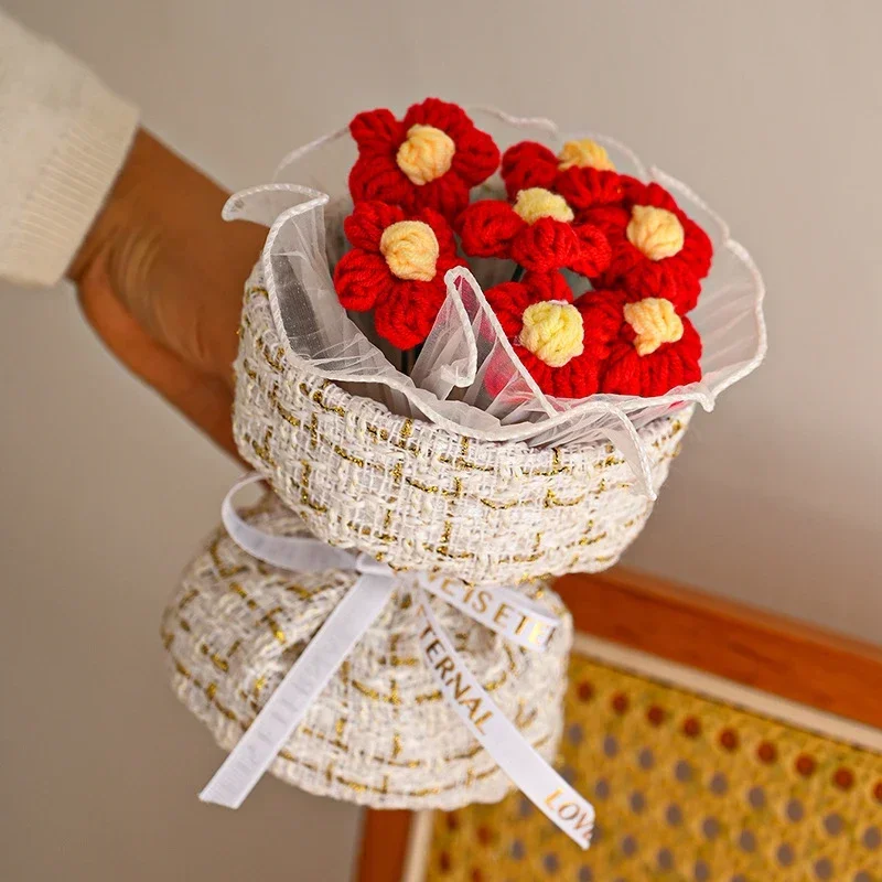 Artificial Flower Rose Vase Decor Crochet Knitted Wool Sunflower Handmade Woven Finished Bouquet Birthday Valentine's Day Gifts