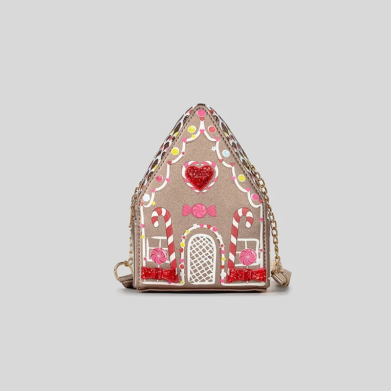 Creative Gingerbread House Shaped Crossbody Bag for Women Love Hearts Bow Deco Rhinestone Shoulder Bags Funny Cute Chains Purses