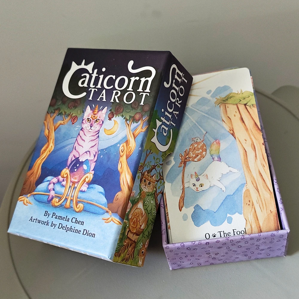 Caticorn Tarot Deck in Rigid Box, 78 Whimsical Watercolor Cat Cards Double-embossed, Indie Deck for Cat Enthusiasts