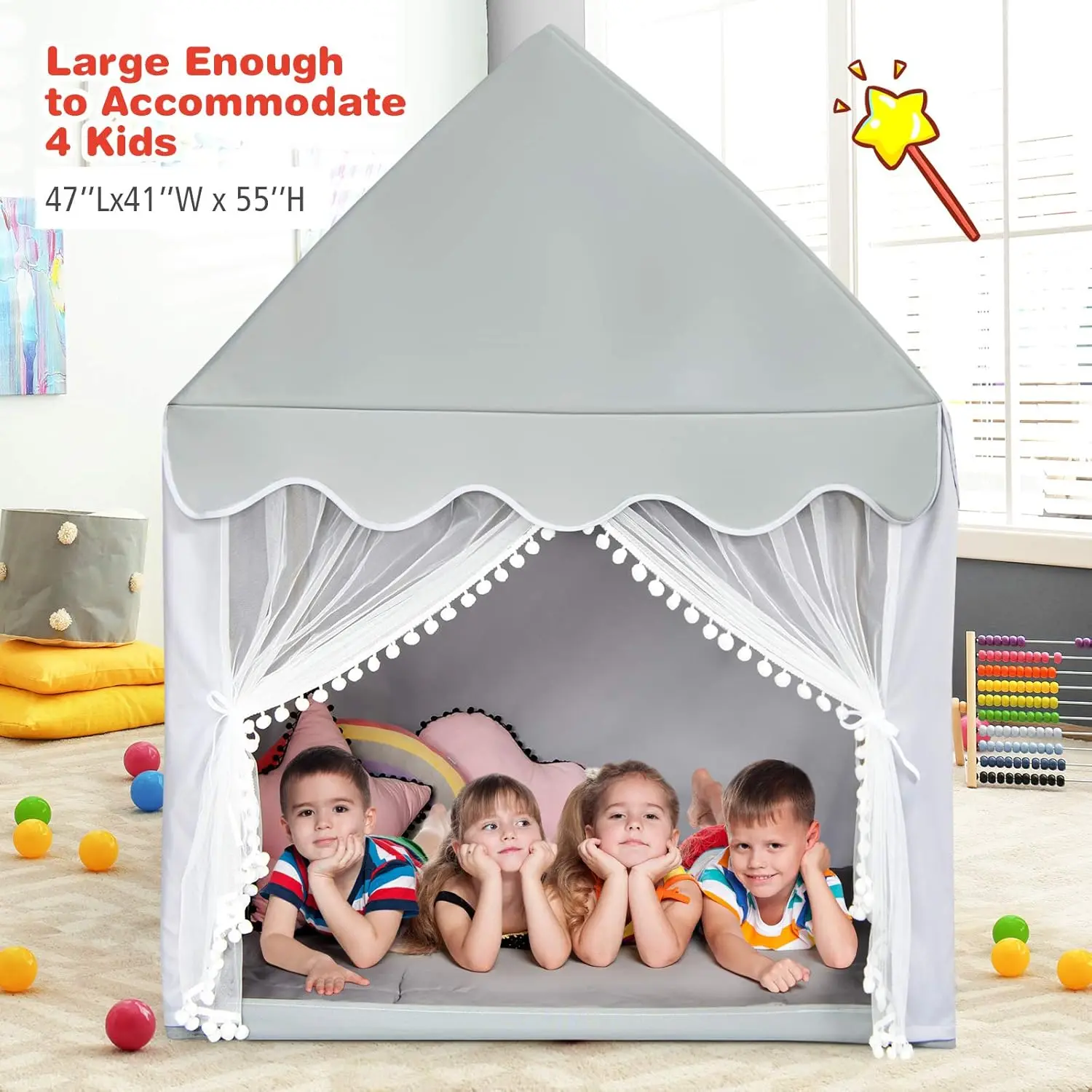 Maison de jeux intérieure pour enfants, tente féerique de château de jeu pour enfants avec grand tapis confortable, rideau et fenêtres respirantes, style sur le toit