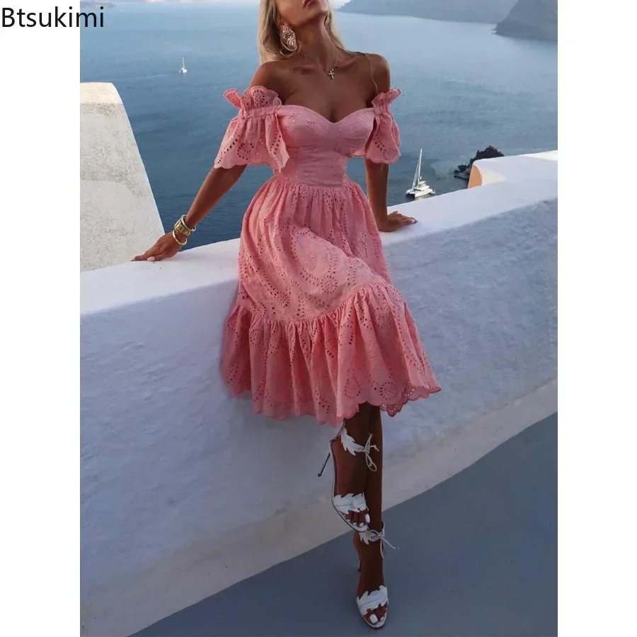 2024 Women Sexy Hollow Out Solid Ruffles Dress Summer Loose Lace Patchwork Casual Dress Elegant Strapless Party Dresses Vestidos