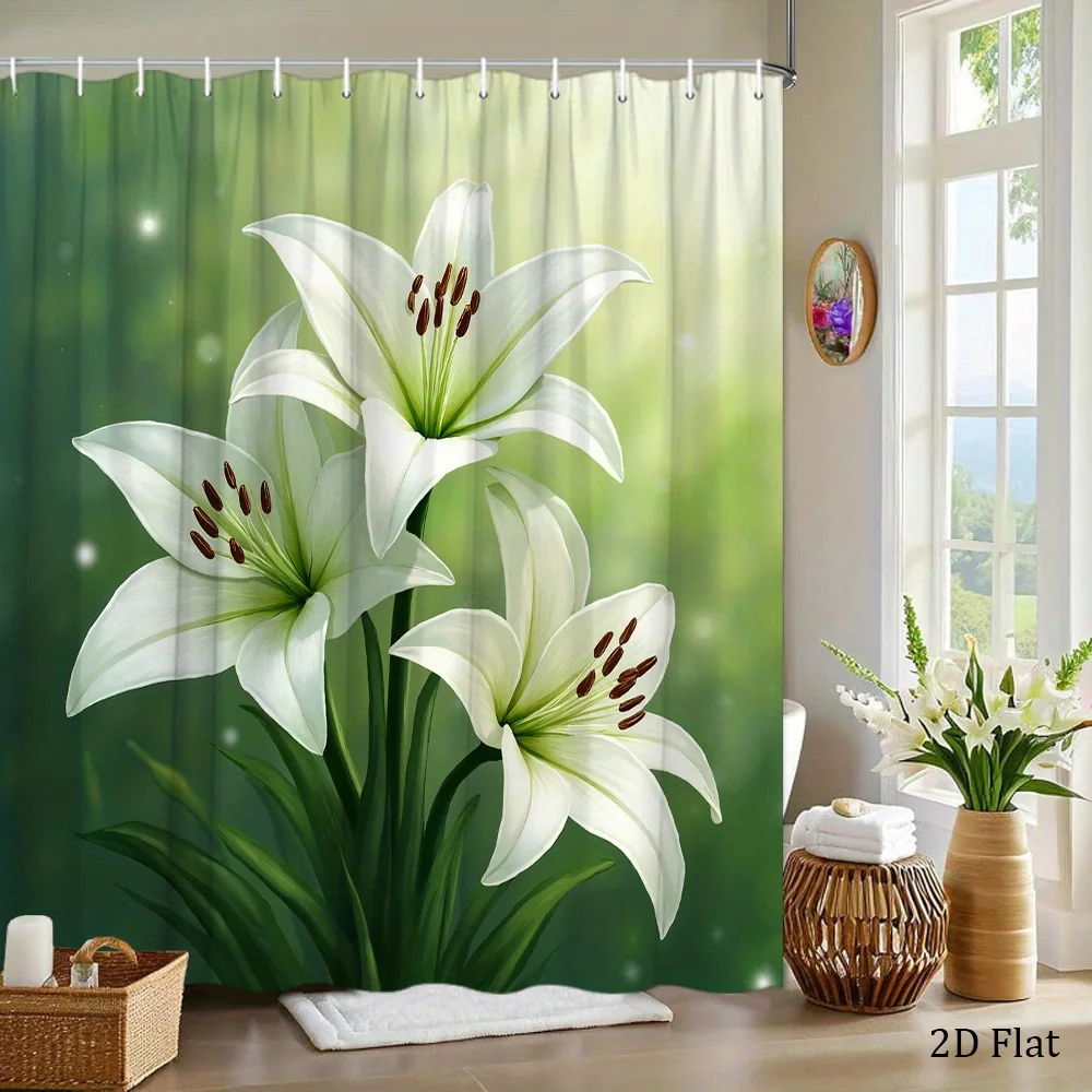 Elegant White Lily Design Shower Curtain, Soft Green Accents, Polyester Fabric, Includes 12 Hooks, 70x70 Inches - Perfect for Ba