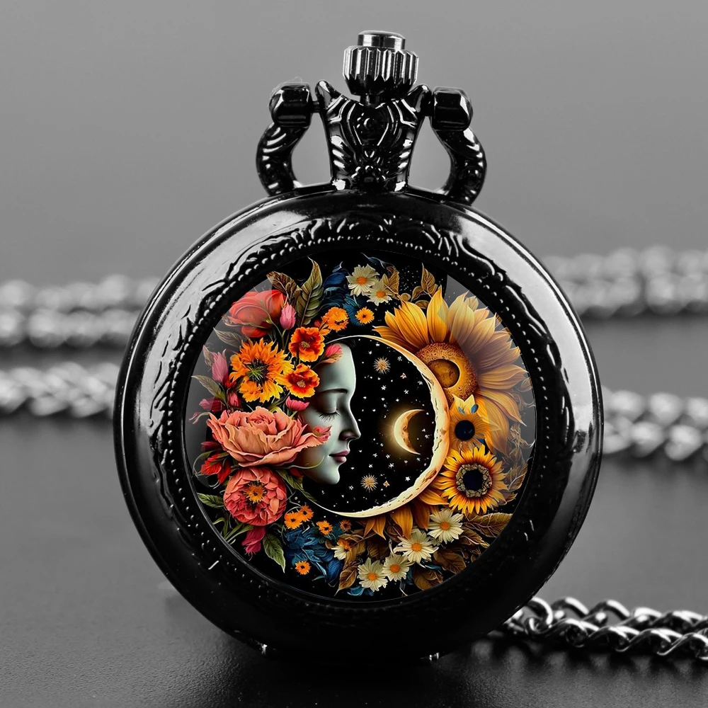 Reloj de bolsillo de cuarzo con cúpula de cristal para hombre, diosa del sol y la luna, esfera con números árabes clásicos, cadena duradera, regalos creativos