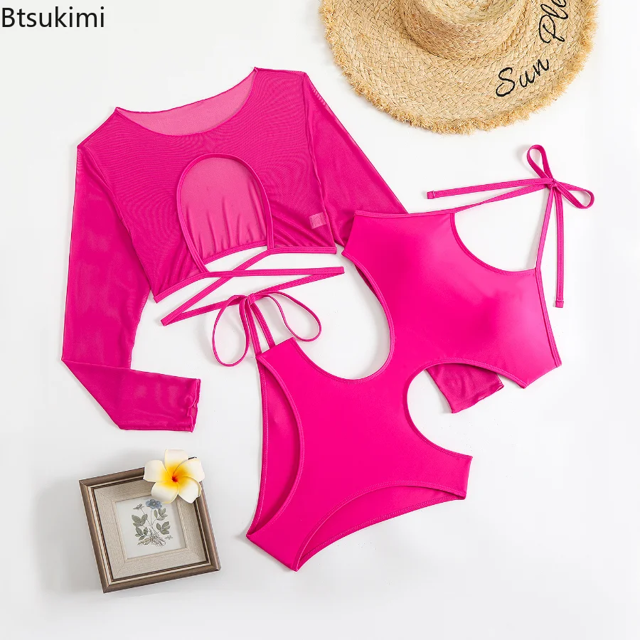 2025 Solid Vintage One Piece Swimsuit Retro Swimwear Women Swimsuit Bandeau Bathing Suit Beachwear Monokini Female Swimming Suit