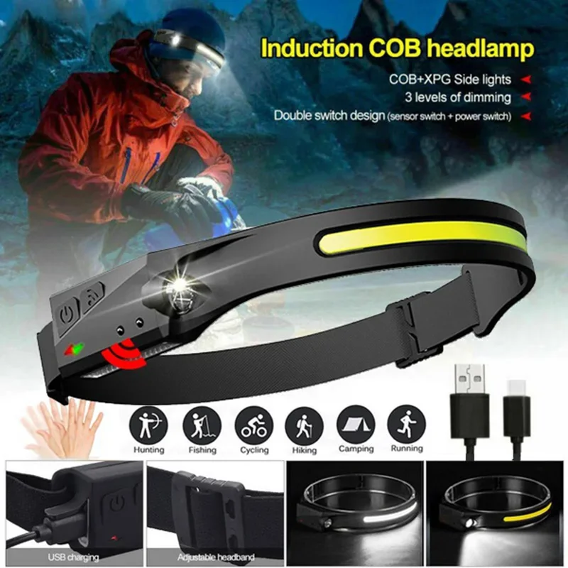 Induction Headlamp COB LED Head Lamp with Built-in Battery Headlight Flashlight USB Rechargeable Head Torch Work Light