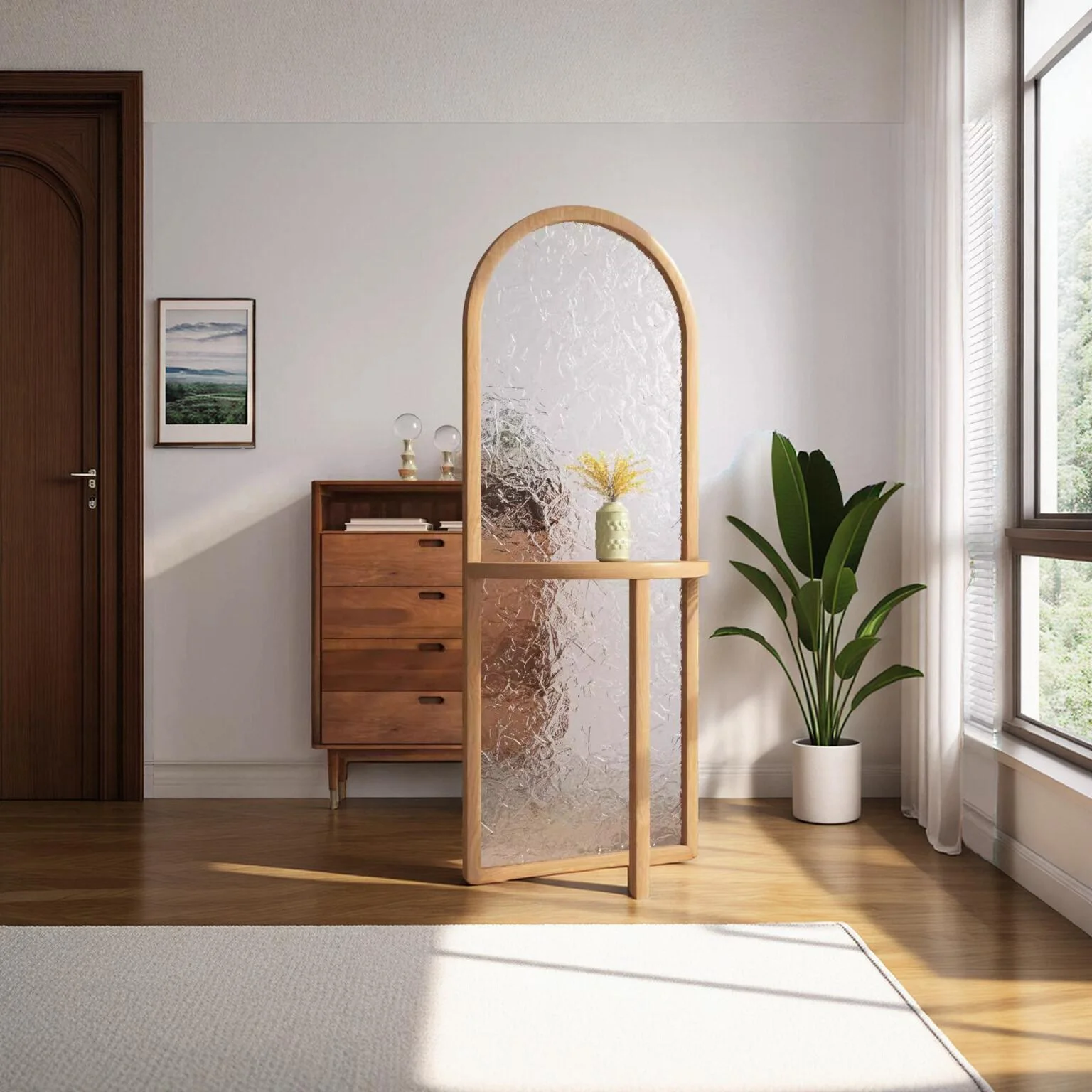 

New Chinese water ripple glass screen partition living room movable entrance iron seat screen flower rack rack