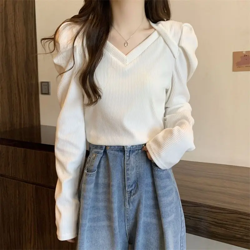 V Neck Pleated Korean T Shirt Tops Spring Autumn New Long Sleeve Solid All-match Fashion Pullovers Casual Sweet Women Clothing