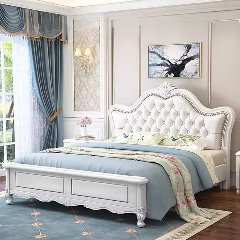 American White Double Bed Frame European Style Comferter Luxury King Bed Princess Wood Le Lit Pour 2 Personnes Bedroom Furniture