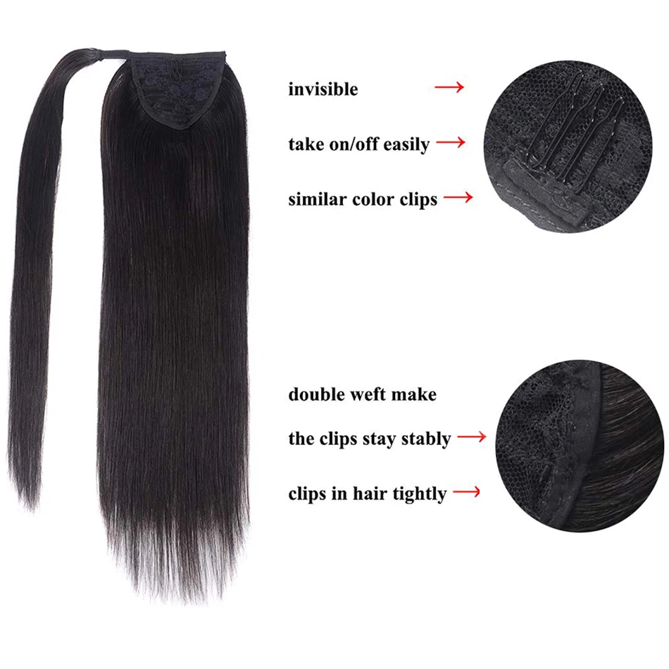 Straight Ponytail Human Hair Wrap Around Straight Ponytail Extensions Remy Hair Ponytails Clip in Hair Extensions Natural Color