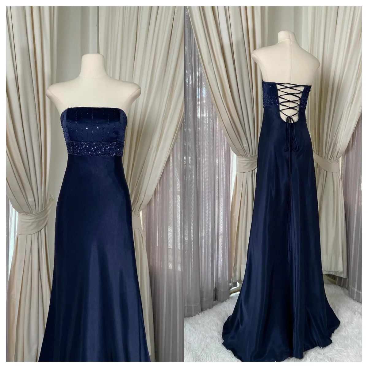 

Customized Luxury Navy blue Satin Evening Dress Strapless Sleeveless Celebrity Gowns Bespoke Occasion Gowns Sequined Fashion