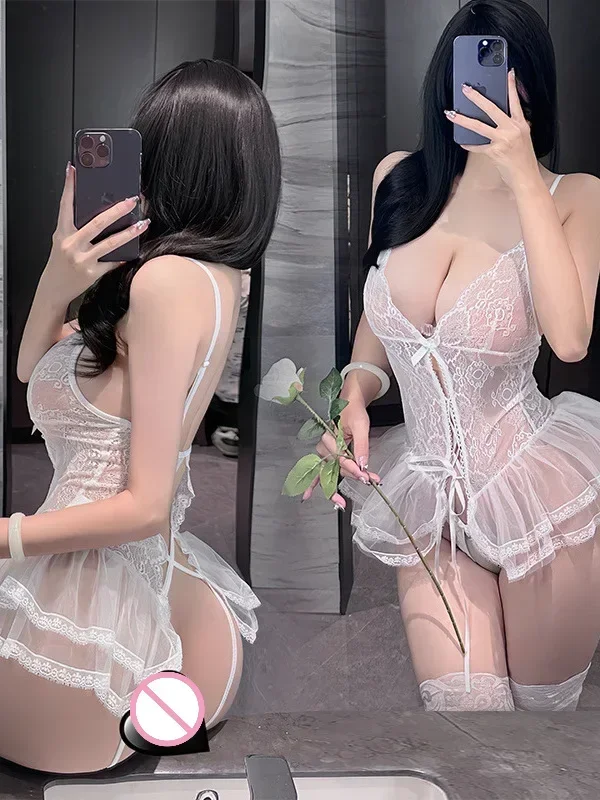 Mesh Sheer Transparent Mini Dress Lingerie Sexy Lace Jumpsuit Women Hot Uniform Lace Up Dress Elegant Hot Sexy Korean Women Y2CO