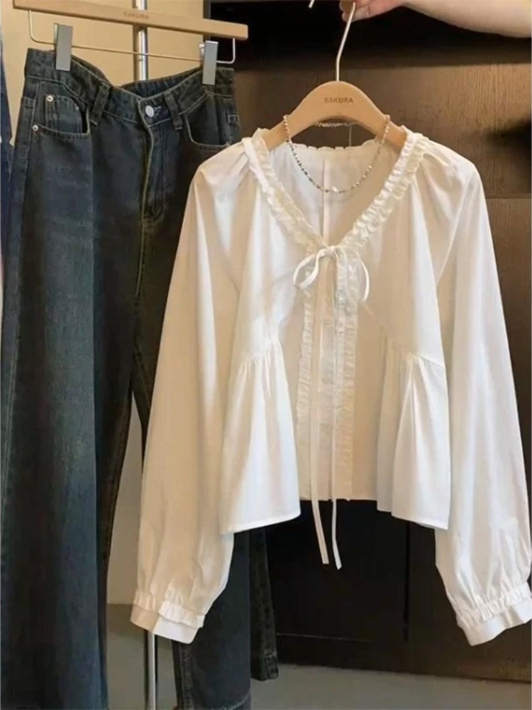 

Elegant Simple White Bottoming Shirt Women 2025 Early Autumn New Blusas De Mujer Y2k V-neck Fungus Long Sleeve Blouses