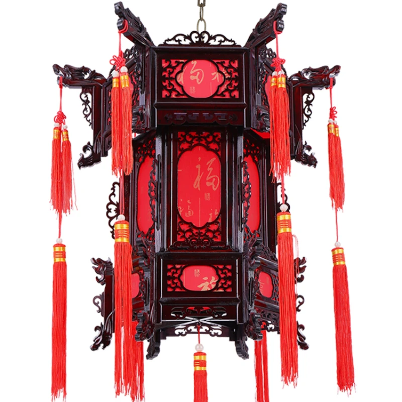 Chinese balcony red hexagonal sheepskin classical Chinese New Year chandelier hanging outdoor antique lanterns