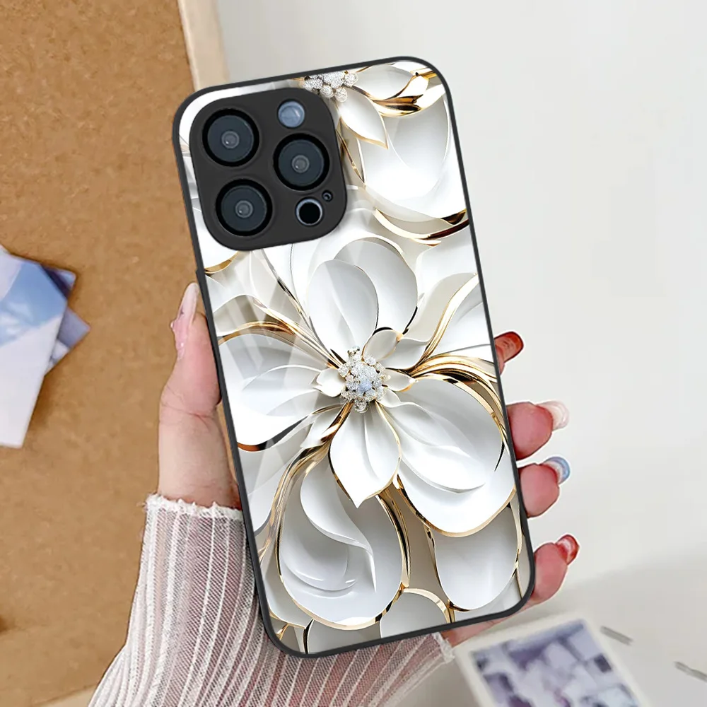 

Luxury Flower Phone Case For iPhone 17 Air 16 13 15 14 11 12 17 Pro Max 16E SE 8 7 Plus XR Tempered Glass Shockproof Back Cover