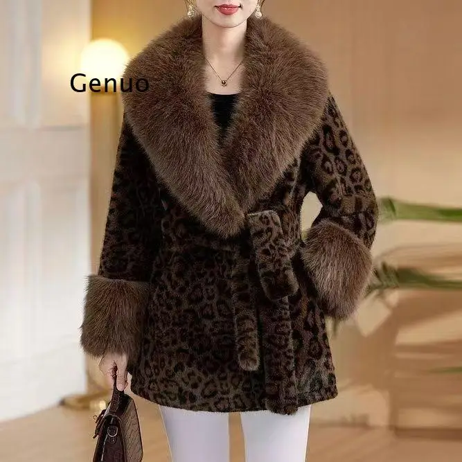 

Women's Luxury Leopard Print Faux Fur Coat with Large Fur Collar High Waist Slim Fit Mid-Long Premium Autumn Winter Outerwear