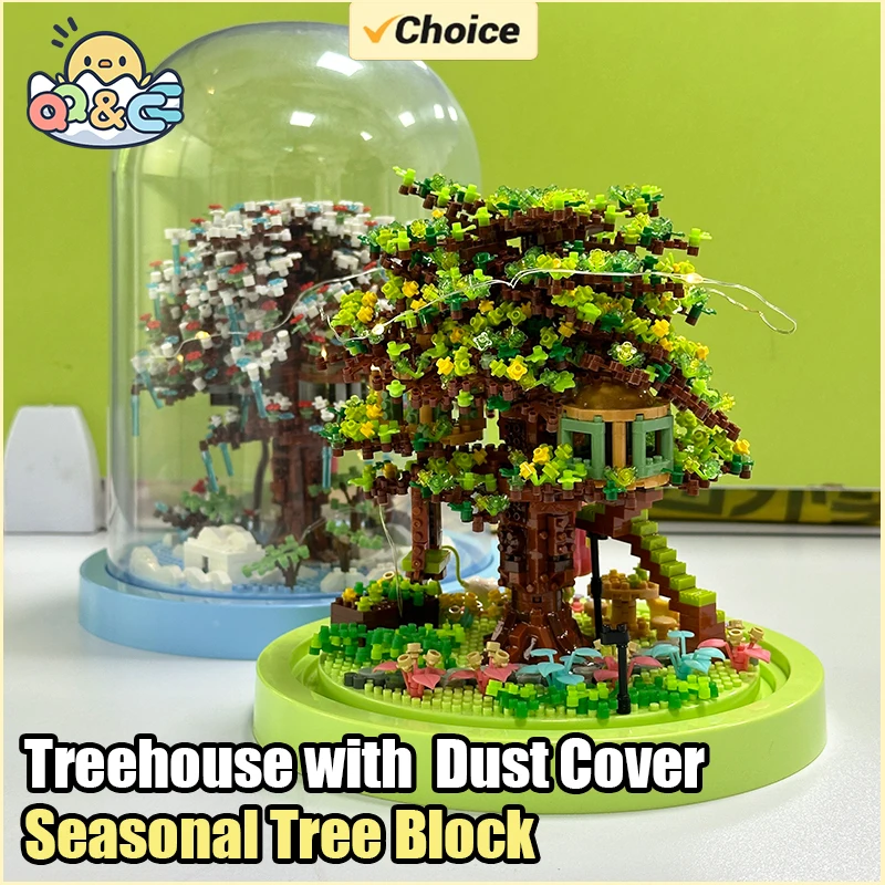 Seasonal Building Block Toy Flower with Dust Cover DIY Treehouse Model Bricks with Light Ornament Romantic Gift for Girlfriend