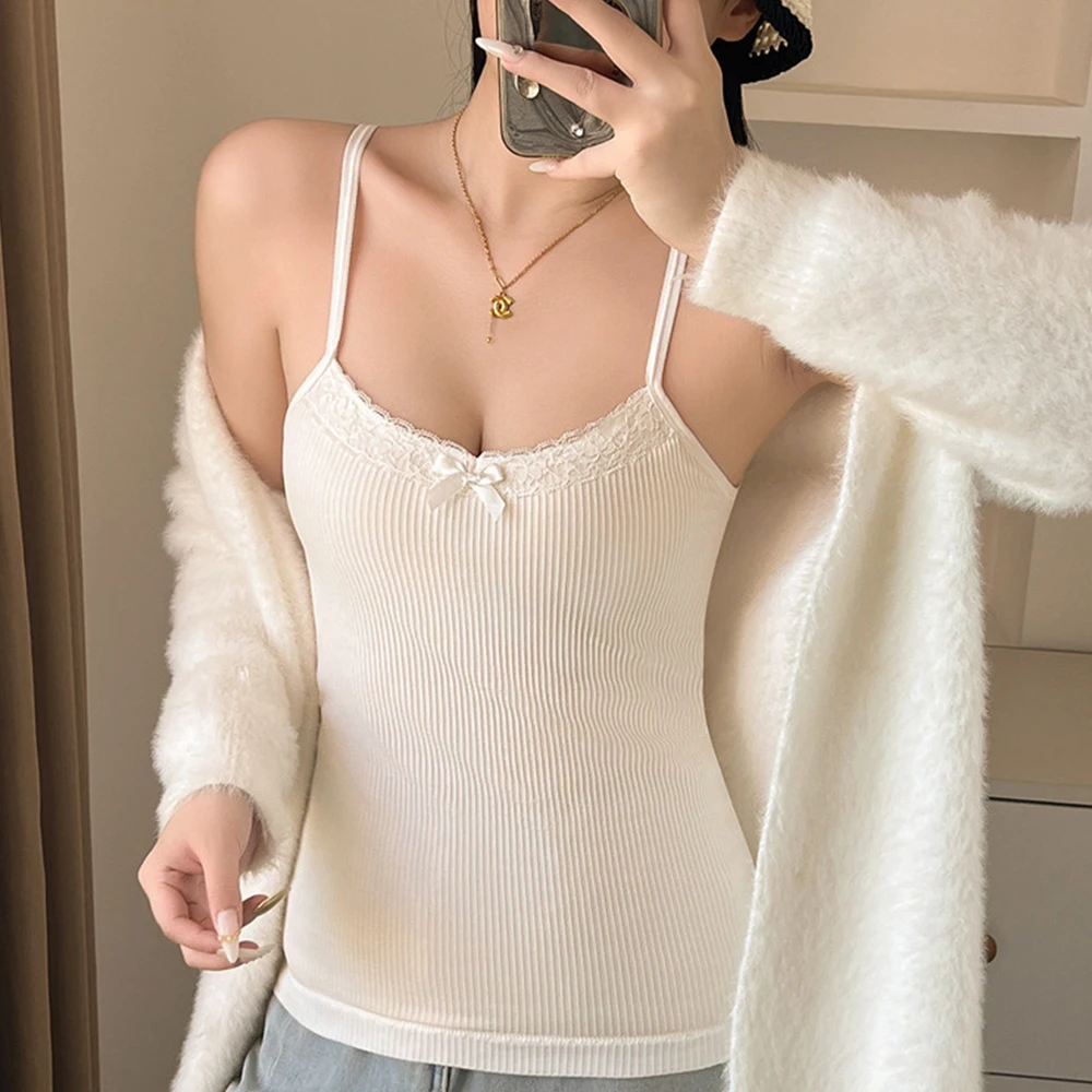 Tops más cálidos para mujer, camisola ajustada Sexy de encaje con diseño de Nudo de mariposa, camisetas sin mangas, Top corto dulce, ropa interior térmica para mujer
