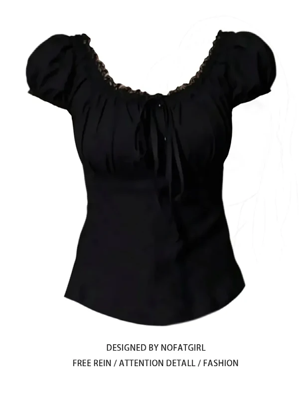 

Женская блузка больших размеров с кружевными вставками и плиссированными открытыми плечами, в корейском стиле, приталенная, с рукавами-фонариками, повседневная, летняя, элегантная