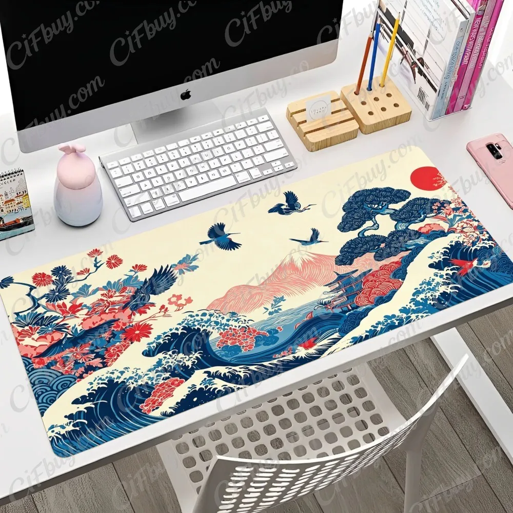 CIFbuy Large Japanese Wave Anime Style Gaming Mouse Pad Non Slip Rubber Base Durable Polyester Extended Desk Mat For PC Use Gift