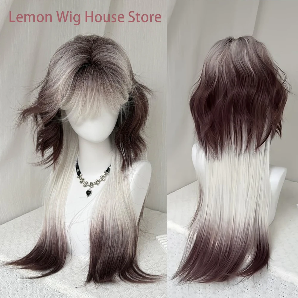

White Brown Gradient Wig with Bangs Mixed Color Wig Cosplay Lolita Wigs Heat Resistant Synthetic Hair for Halloween Costume