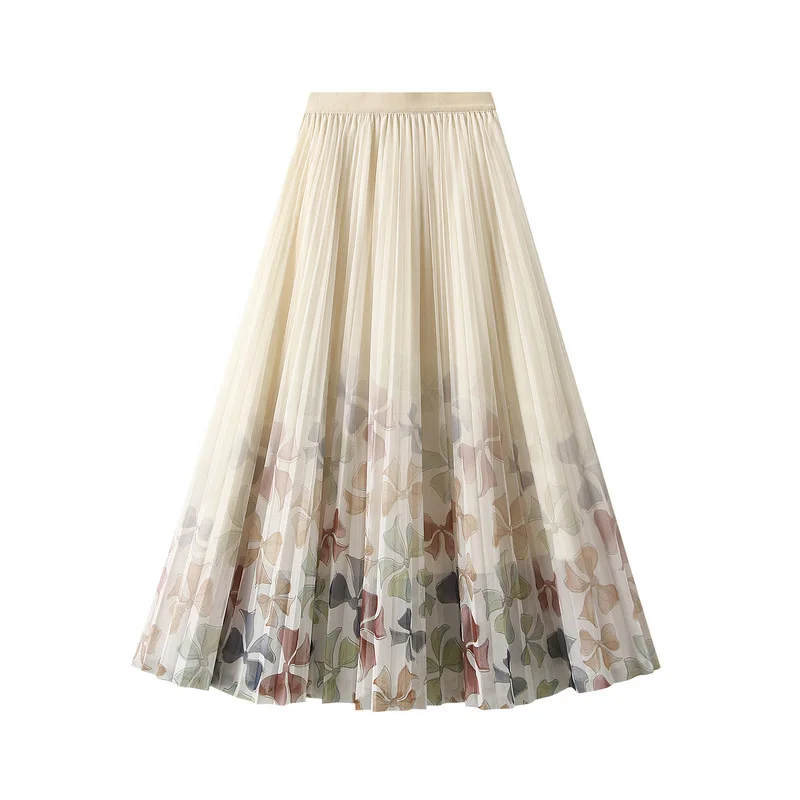 

Spring Summer Three-layer Mesh Floral Print Midi Skirt 2024 Korean Fashion Elegant A Line Pleated Party Tulle Skirts