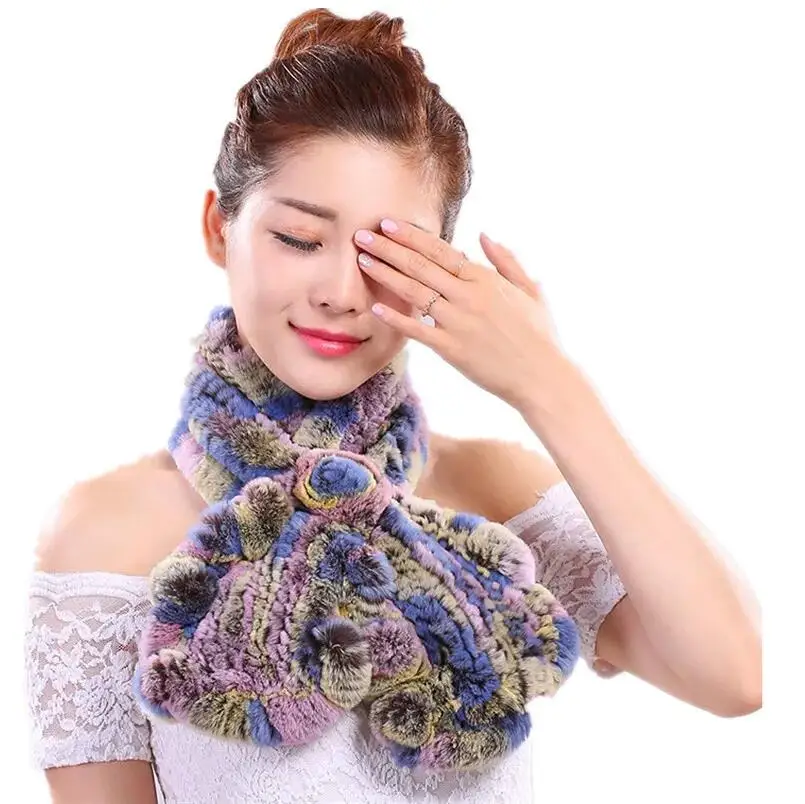 

Winter Real Rex Rabbit Fur Scarf Women Fluffy Neck Warmer with ruffles Autumn Female Collar