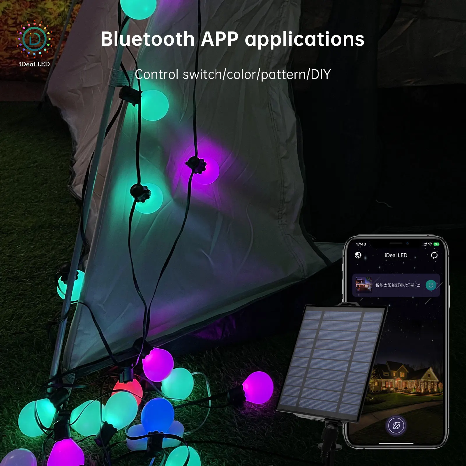 Solar Outdoor Smart String Lights,APP Control+Remote ,Color Changing String Lights with RGB G40 Led String Lights Outdoor IP65