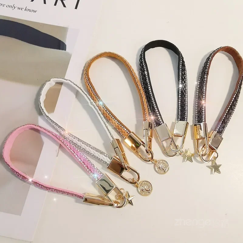 Double Row Diamond Leather Mobile Phone Lanyard Keychain with High-end Wristband Star Pendant Universal Phone Case phone charms