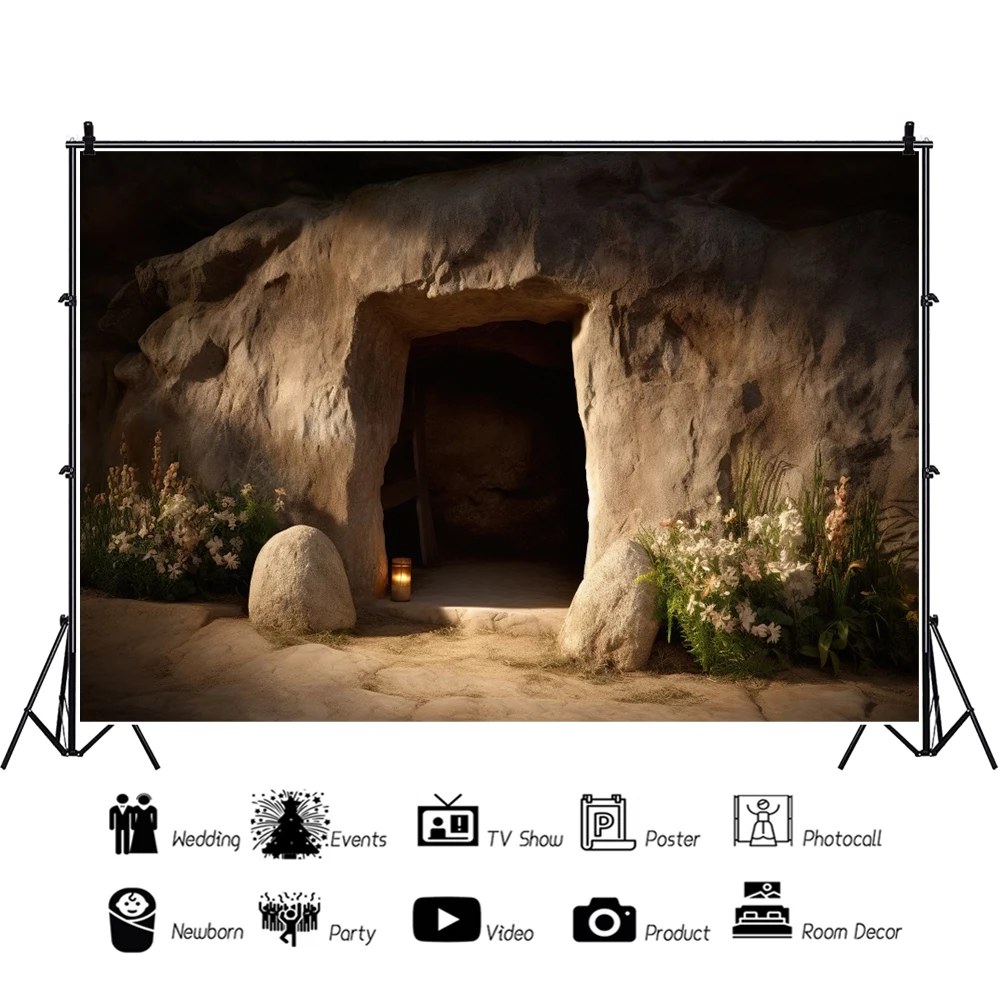 Laeacco Mysterious Ancient Cave Entrance Photography Backdrop Stone Room Flowers Easter Party Kids Adults Portrait Background