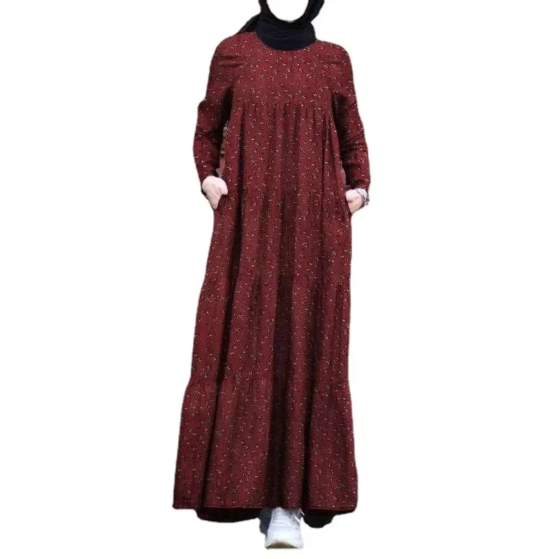 Women Dress Eid Muslim Abayas O Neck Print Dubai Abaya Long Robe Zippers Loose Ramadan Morocco Patchwork Casual Pleated Pockets