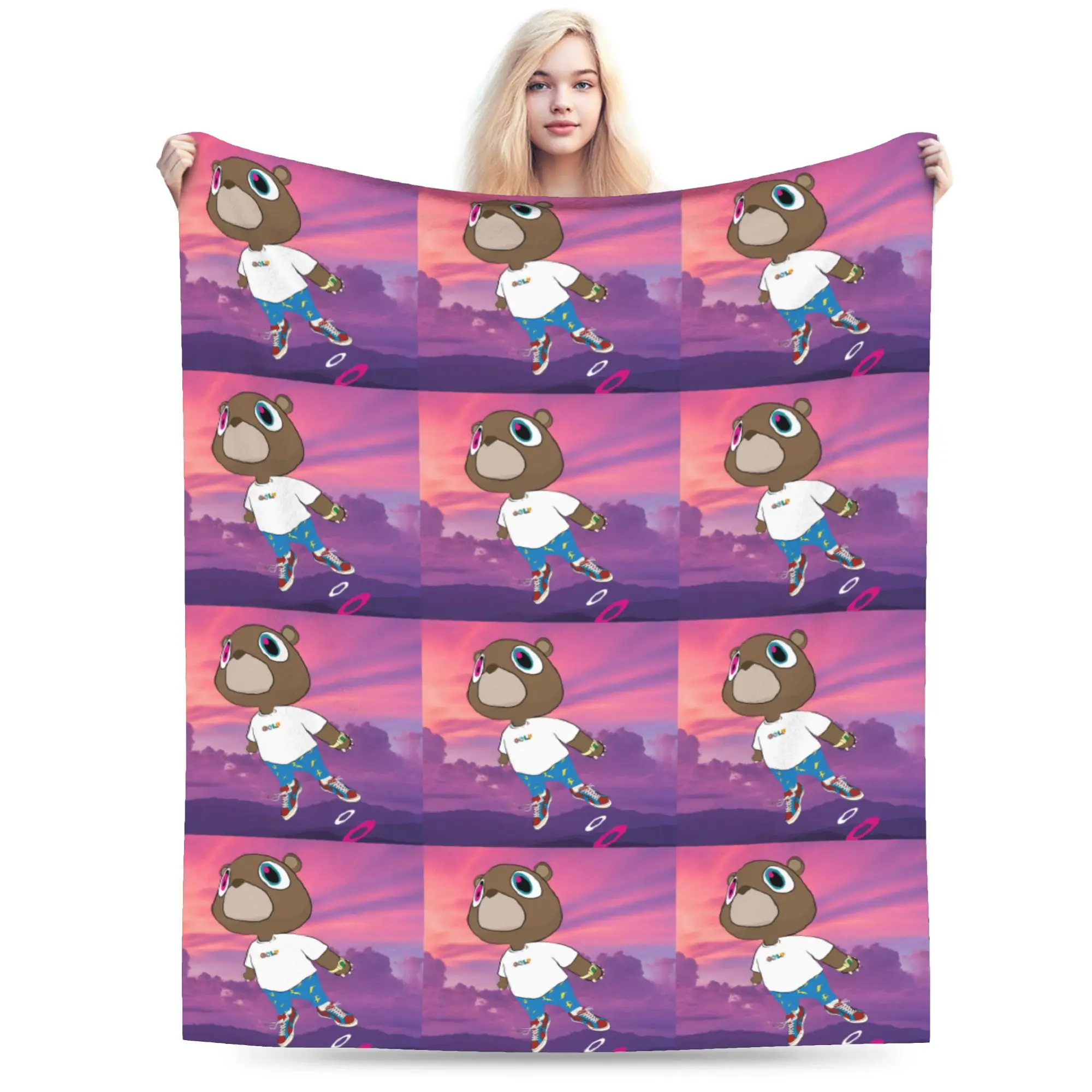 Custom Sofa Fleece Kanye West Graduation Bear Throw Blanket Warm Flannel  Blankets for Bedding Home Couch Quilt