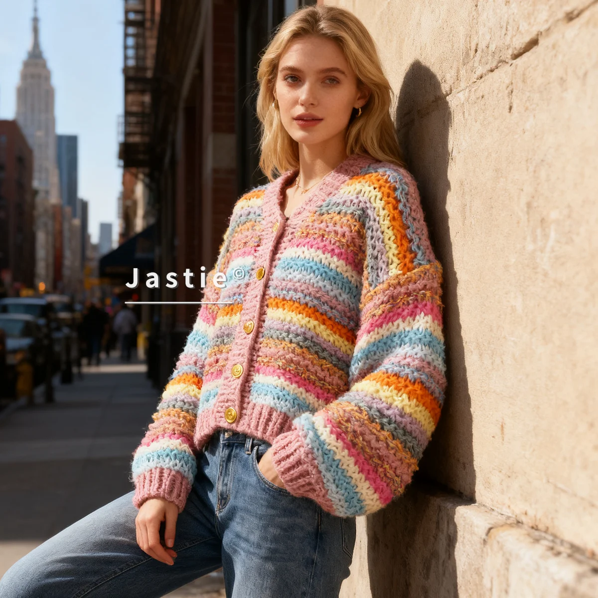 

2026 Autumn/Winter New Women's Long-Sleeved Sweater Tops V-Neck Rainbow Striped Retro Knit Cardigan Thick Warm Sweater Jackets