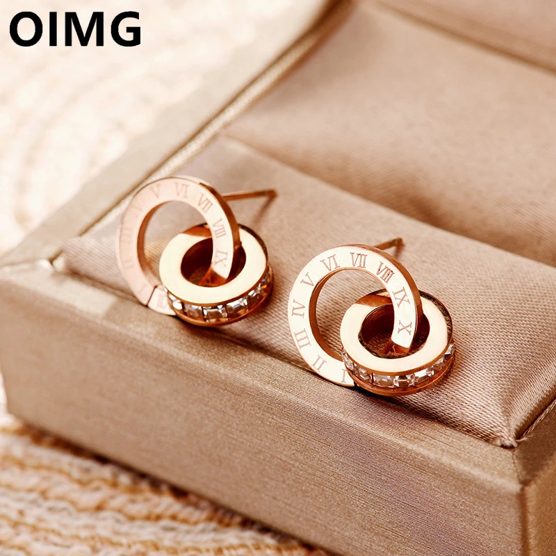 OIMG Stainless Steel Earrings New Classic Simple Roman Numeral Inlaid Zirconia Circle Pendant Stud Earrings For Women Jewelry
