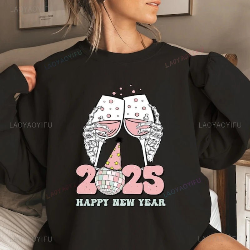 Happy New Year 2025 Disco Ball Clink Glasses Graphic Hoodie House Party Fashion Casual Drop Shoulder Sweatshirt Long Sleeve