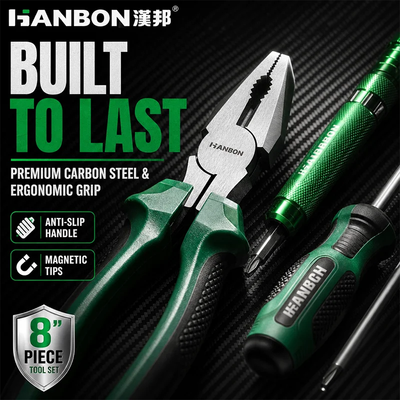 7Pcs Hand Tool Set with 8 Inch Combination Pliers, 6x100mm Screwdrivers, 3M 16mm Tape Measure, Utility Knife