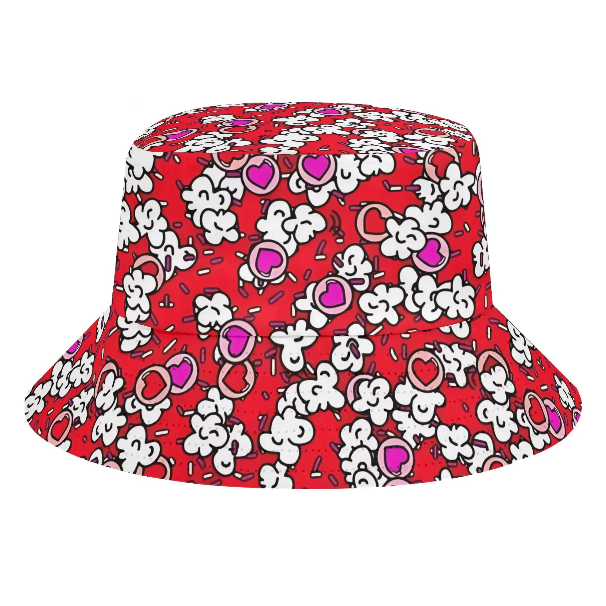 Red Heart Popcorn Rain Fully Printed Fisherman Hat Unisex Outdoor Sun Hat Sun Fashionable Bucket Hat Is The Perfect Choice