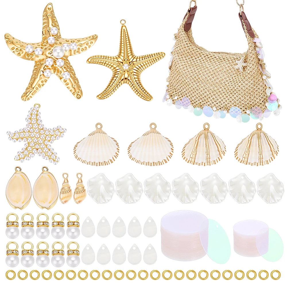 436pcs Beach Purse Straw Shoulder Bag DIY Set Pearl Decoration Woven Summer Beach Evening Bags Strap Shell Charms Boho Bag Chain