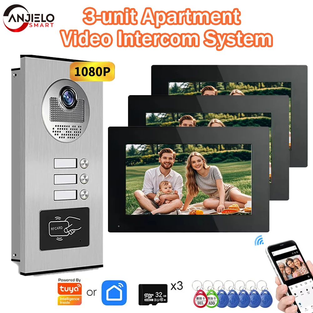 ANJIELO 1080P 3-وحدة شقة إنترفون جرس باب يتضمن شاشة عرض فيديو مع بطاقة RFID فتح 4 السلكية فيديو باب نظام الهاتف TUYA الذكية #1