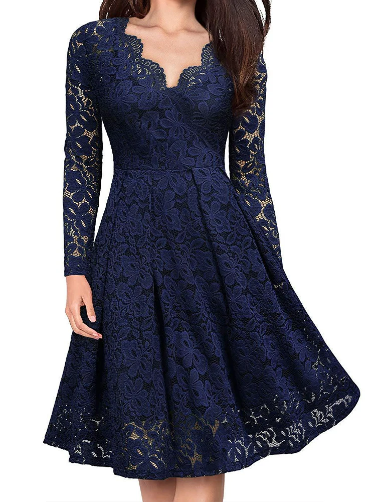 

Sexy Floral Lace Dress Women Elegant Deep V Neck Long Sleeve Mini Dresses Female Vintage Hollow Out Long Sleeve Party Dresses