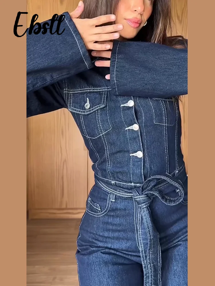 بذلة غير رسمية من قماش الدنيم موضة ربيع 2026 جديدة للسيدات بأربطة واحدة الصدر وأكمام كاملة ملابس داخلية نسائية على الموضة